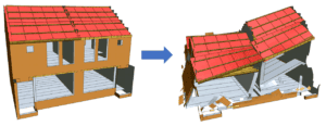 Model of a house collapsing in an earthquake (before and during)