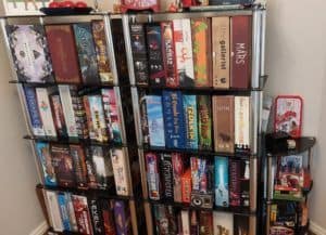One of my board gaming shelves, with games such as Anachrony, Stockpile and The Mind