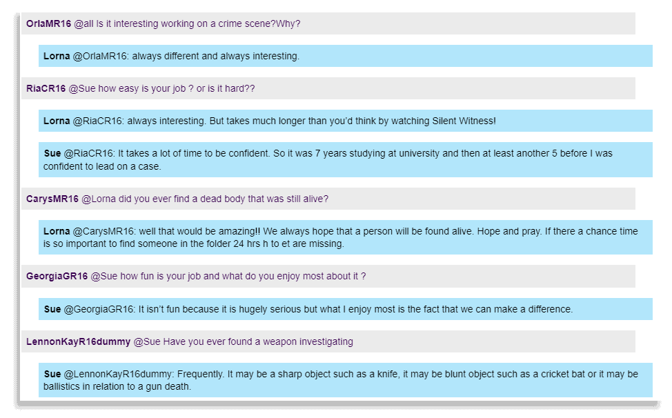 A screenshot of the I'm a Scientist text based live chat, where students are talking to scientists, asking them a variety of questions