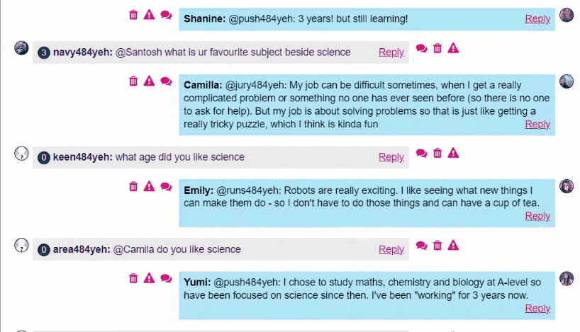 A screencap of a live Chat in action with students asking scientists questions and scientists replying in real-time 